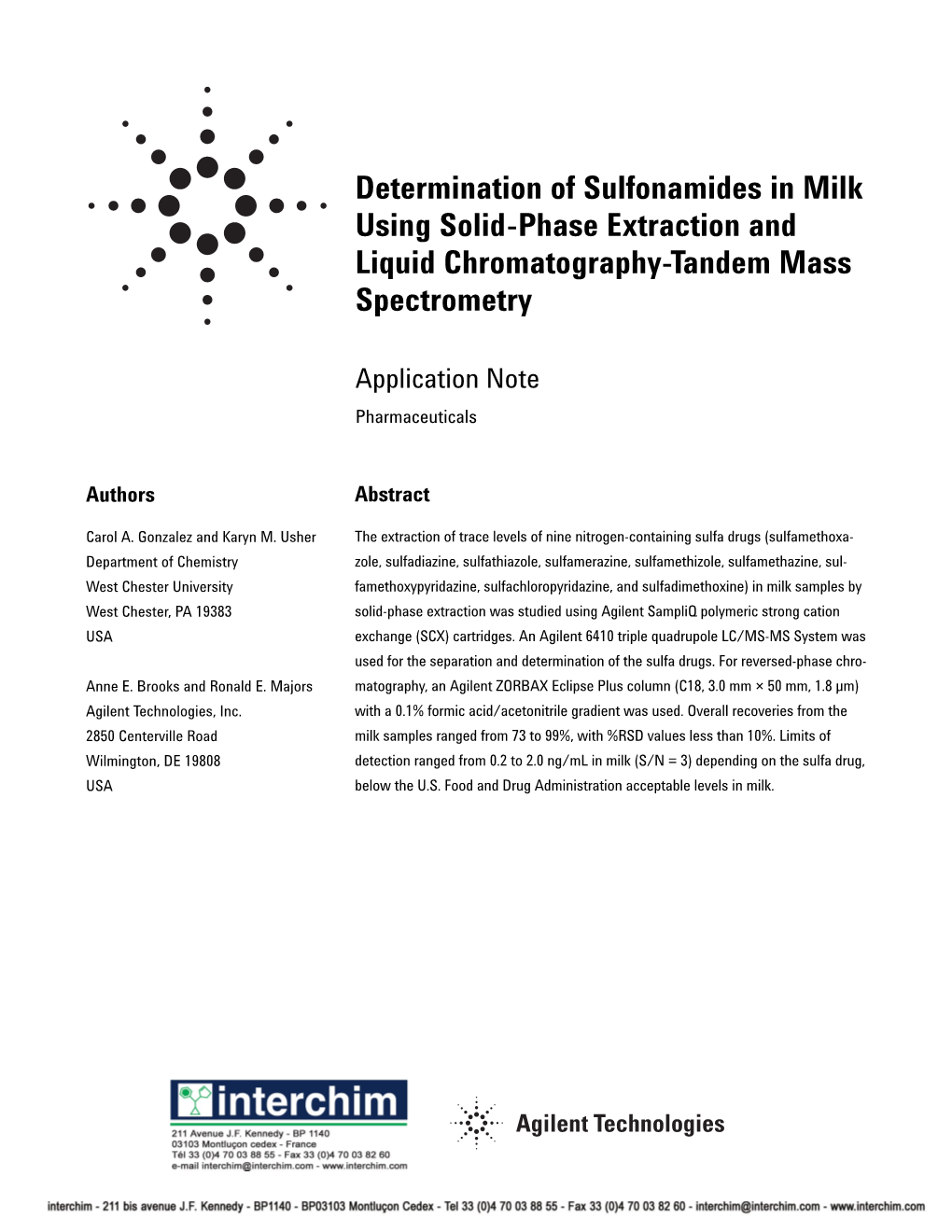 Determination of Sulfonamides in Milk Using Solid-Phase Extraction and Liquid Chromatography-Tandem Mass Spectrometry