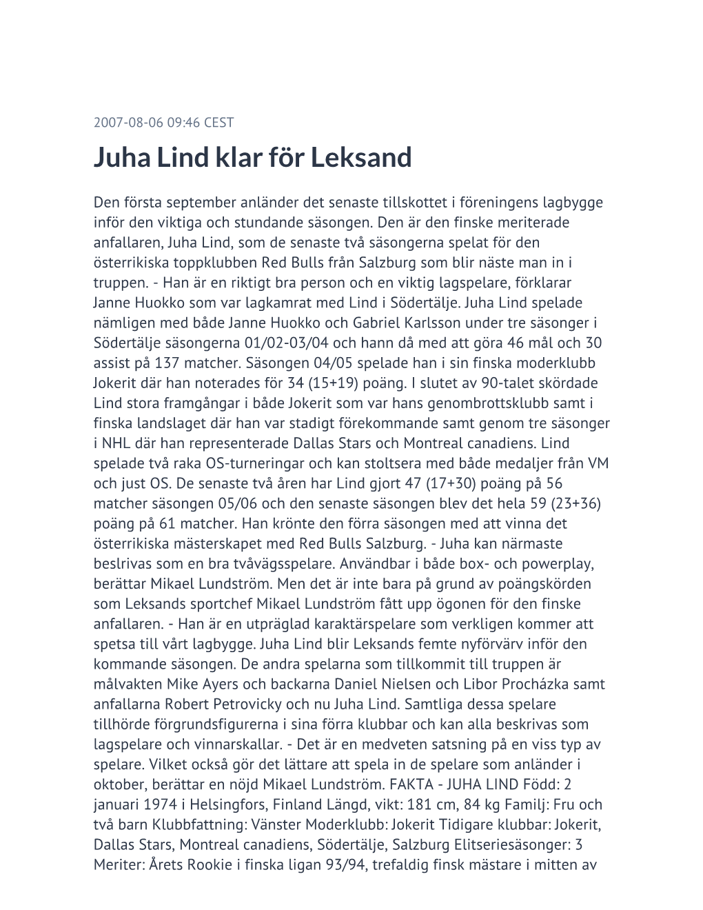 Juha Lind Klar För Leksand