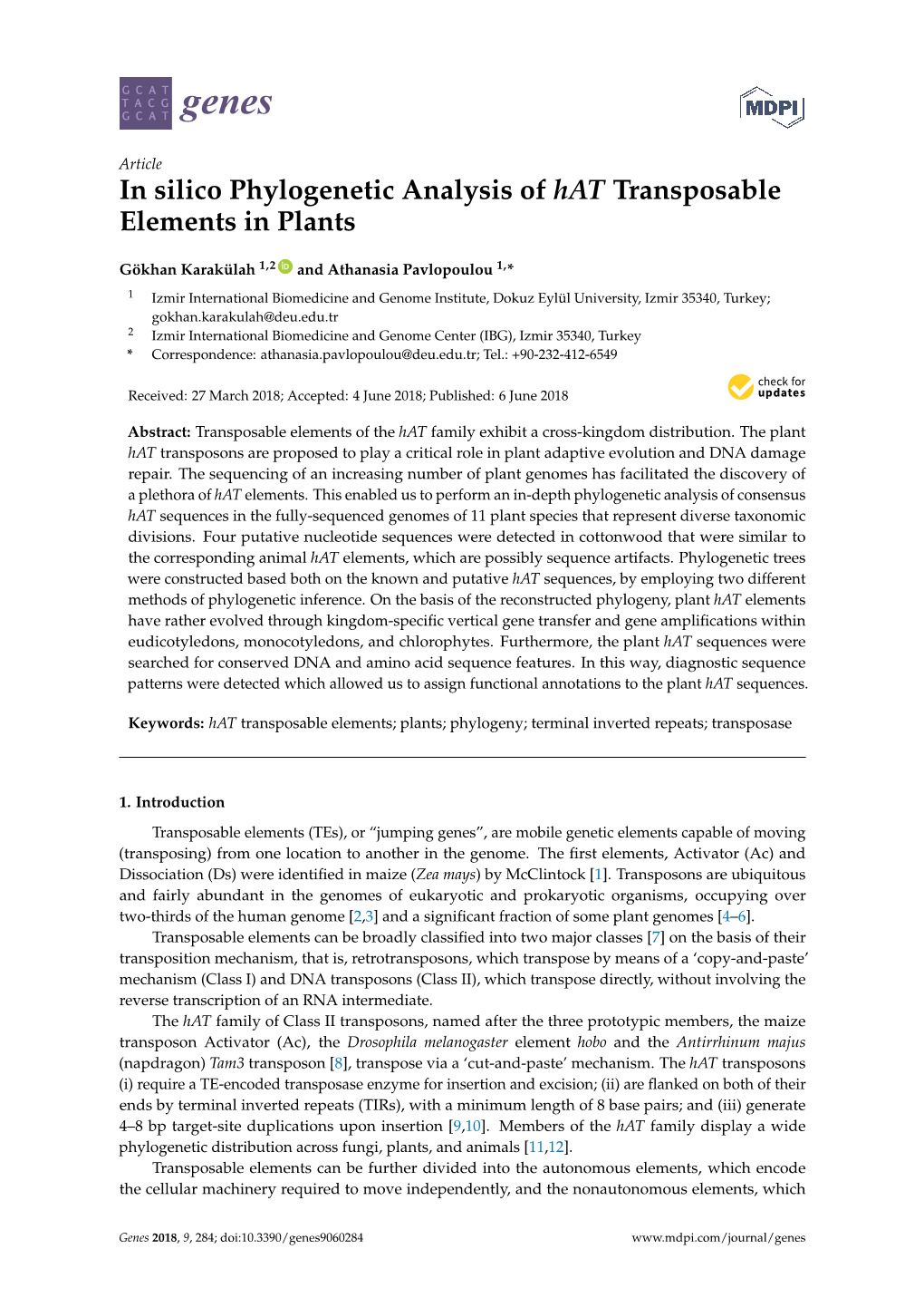 In Silico Phylogenetic Analysis of Hat Transposable Elements in Plants