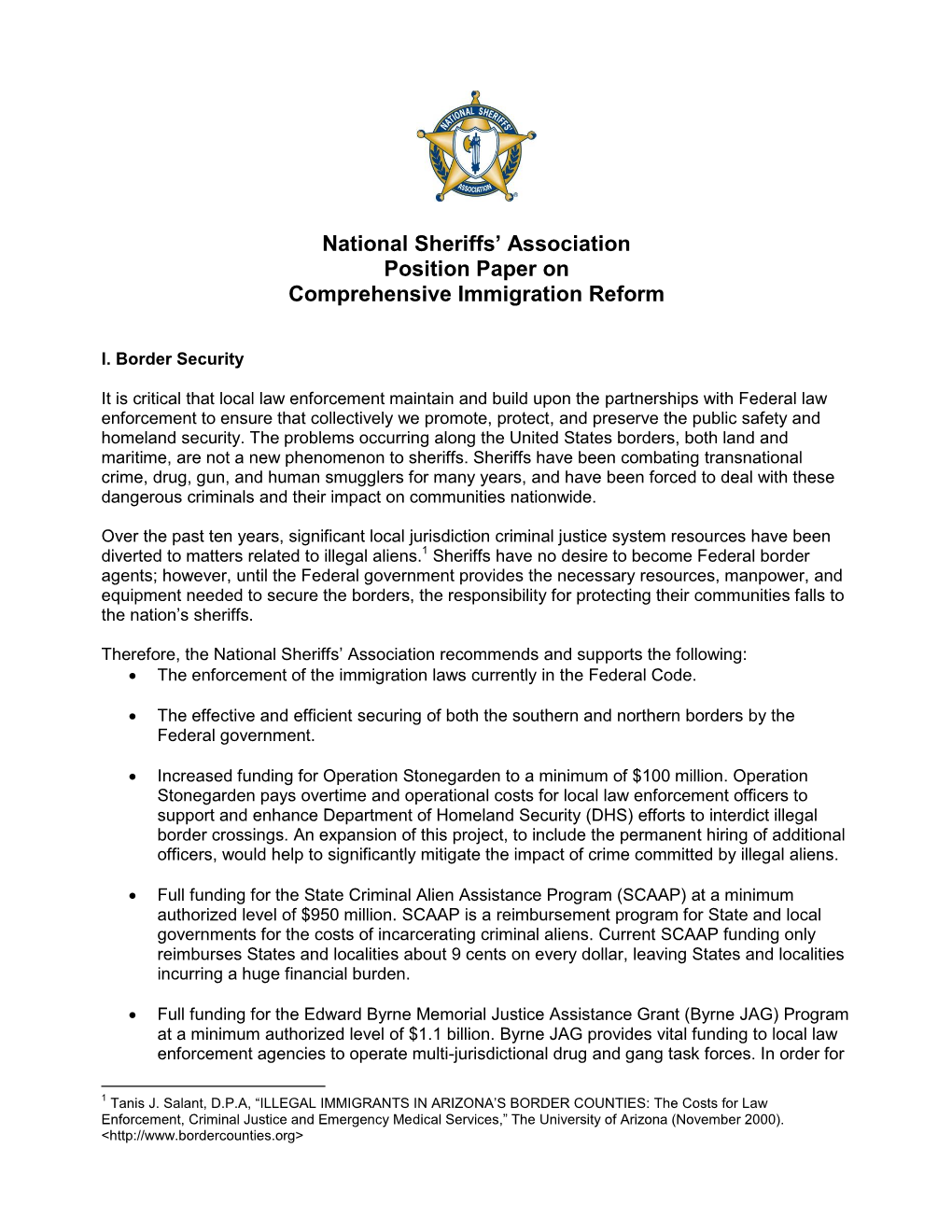 National Sheriffs' Association Position Paper on Comprehensive