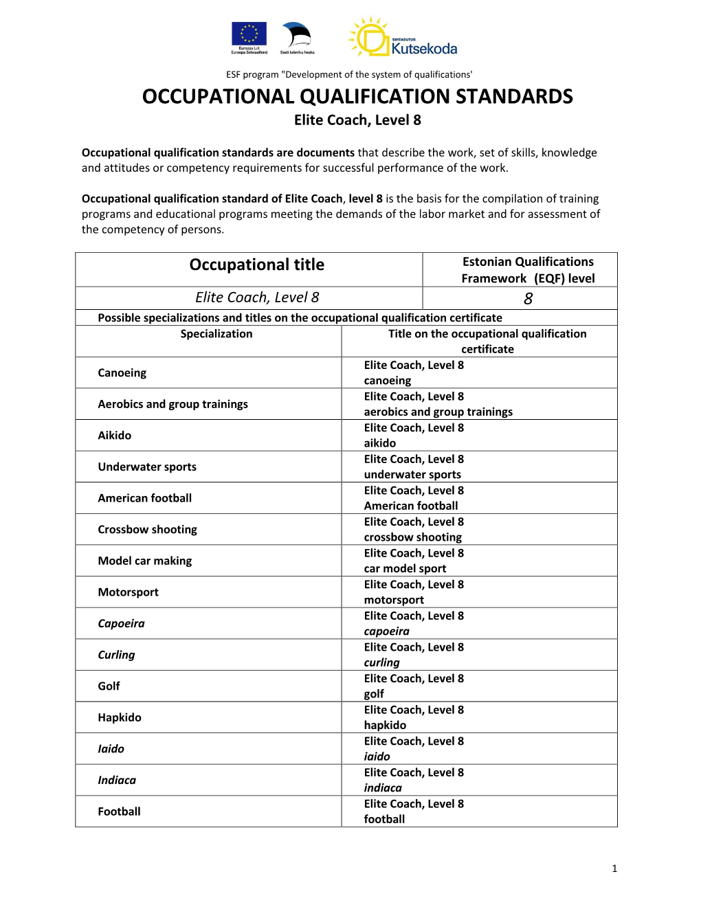 OCCUPATIONAL QUALIFICATION STANDARDS Elite Coach, Level 8