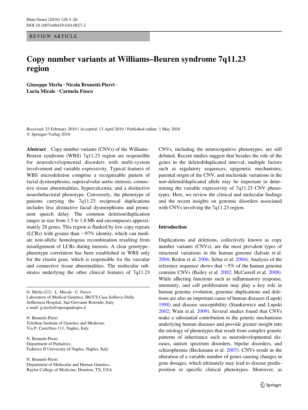 Copy Number Variants at Williams–Beuren Syndrome 7Q11.23 Region