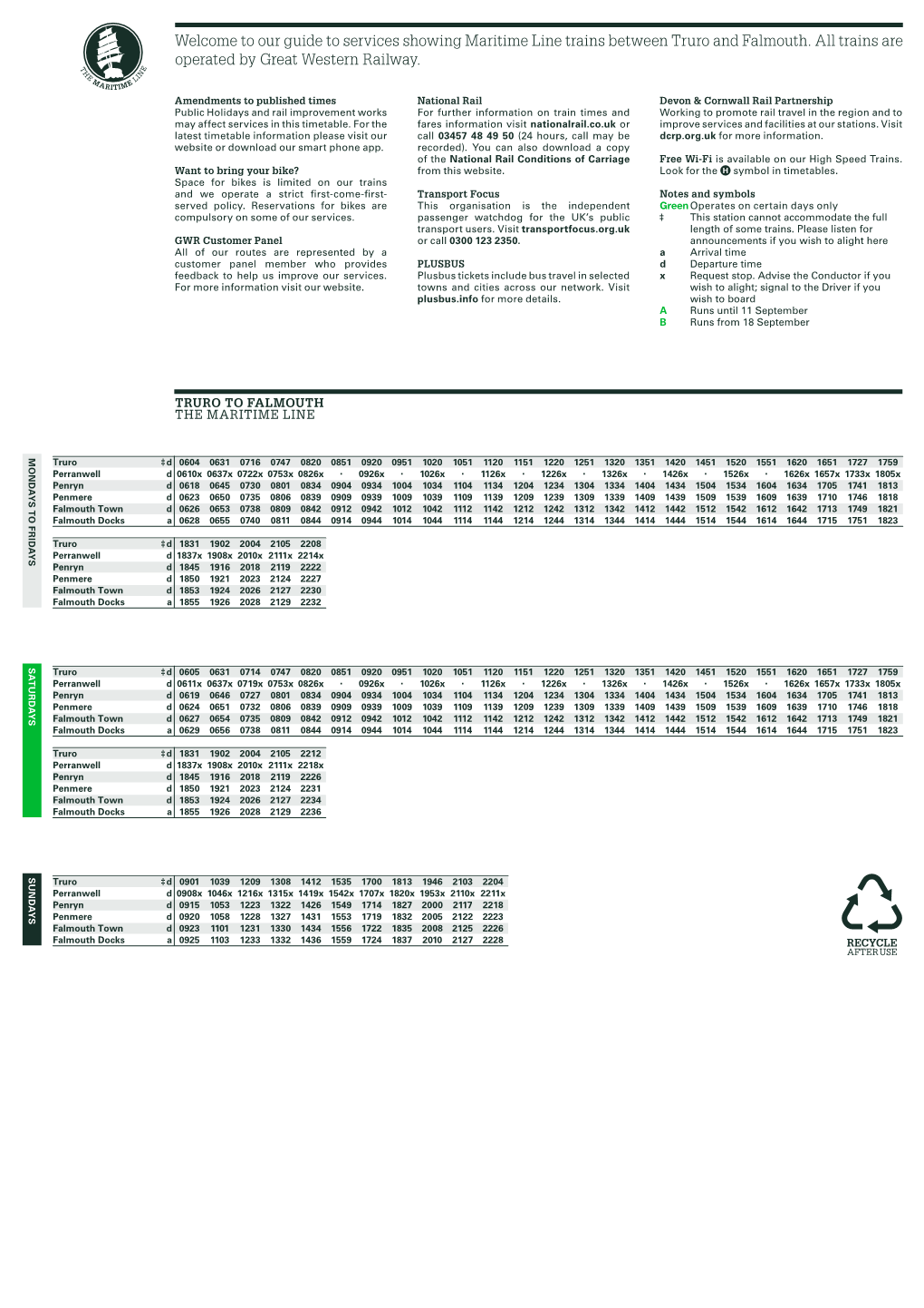 Welcome to Our Guide to Services Showing Maritime Line Trains Between Truro and Falmouth. All Trains Are Operated by Great Western Railway