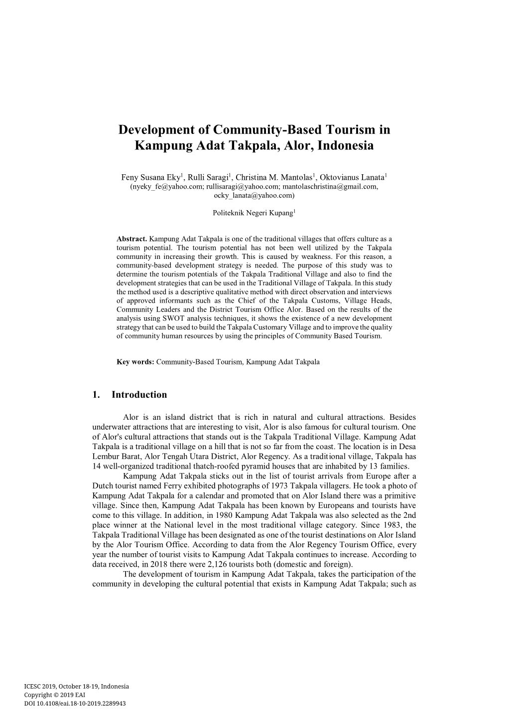Development of Community-Based Tourism in Kampung Adat Takpala, Alor, Indonesia