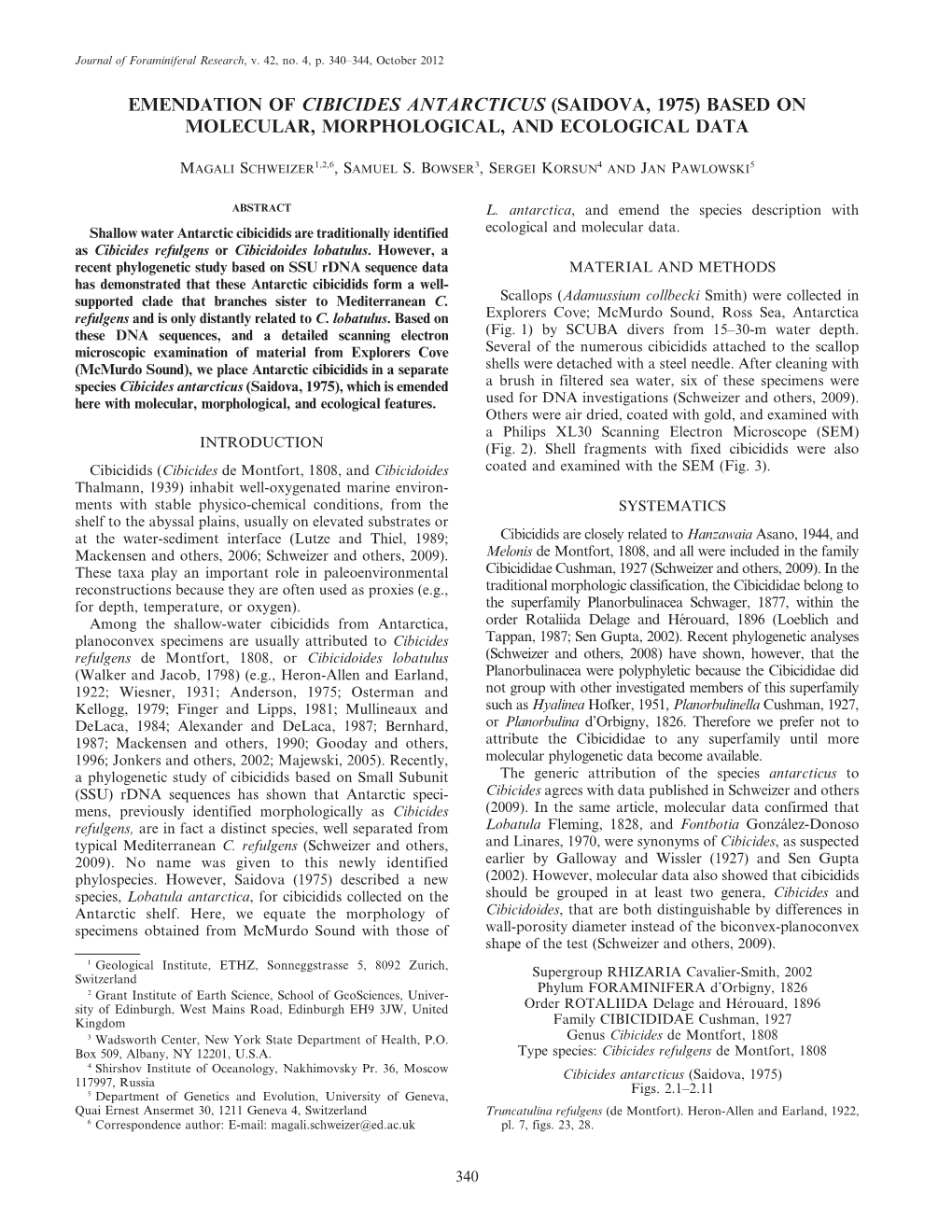 Emendation of Cibicides Antarcticus (Saidova, 1975) Based on Molecular, Morphological, and Ecological Data