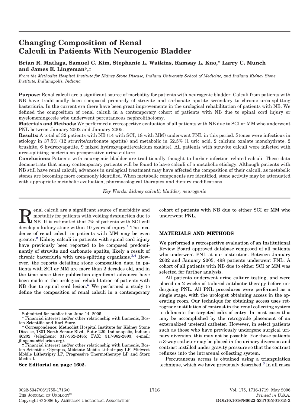 Changing Composition of Renal Calculi in Patients with Neurogenic Bladder