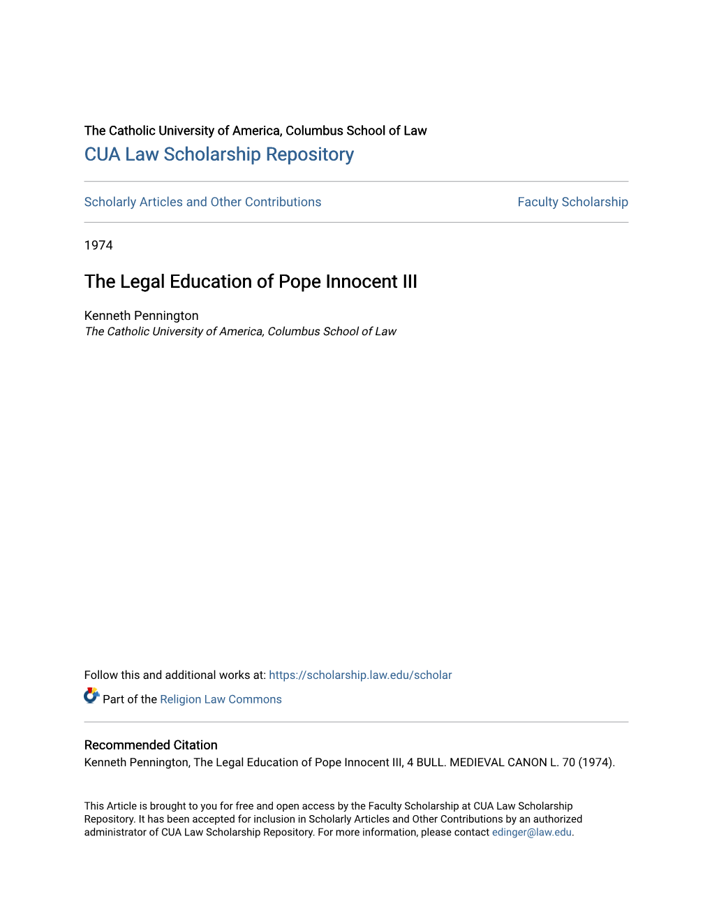 The Legal Education of Pope Innocent III