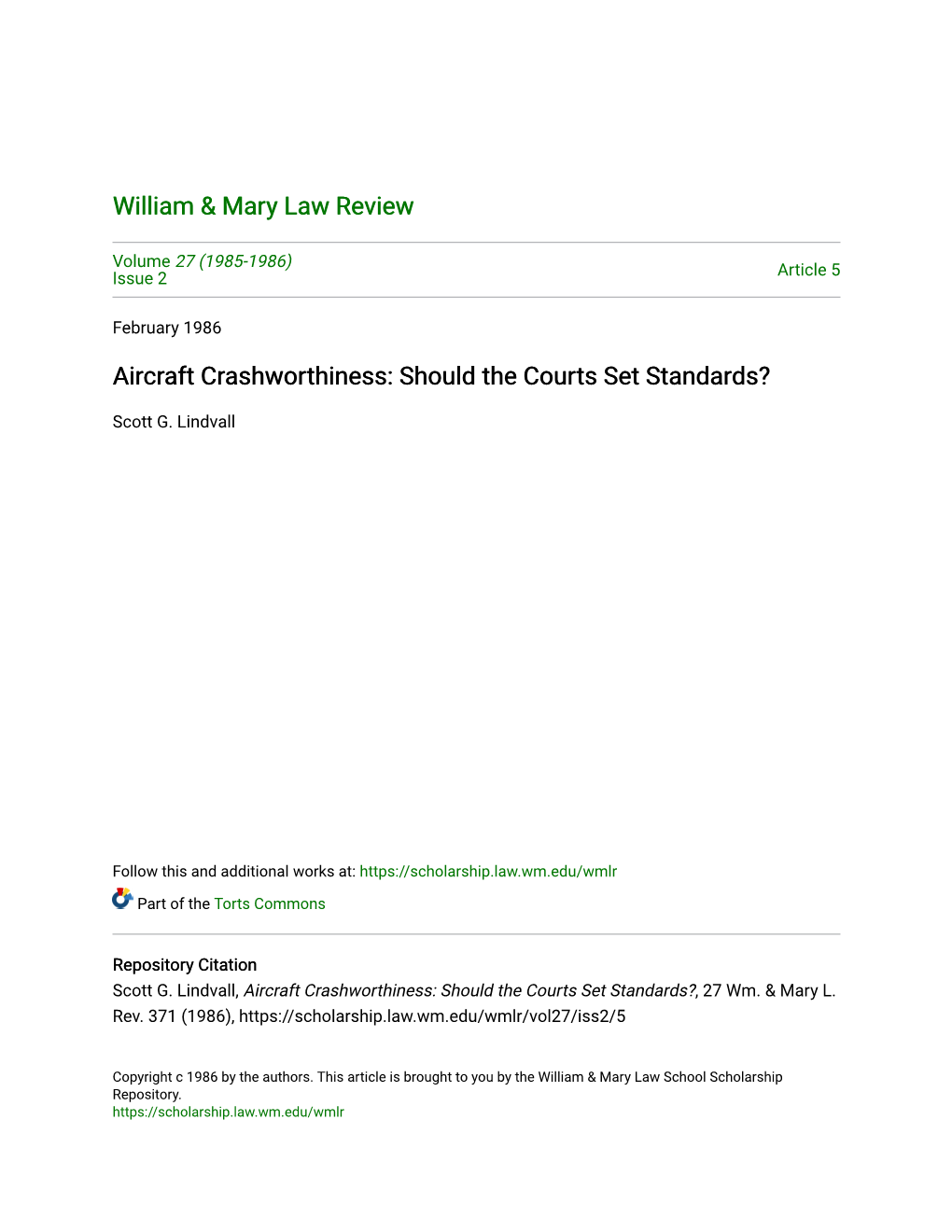 Aircraft Crashworthiness: Should the Courts Set Standards?