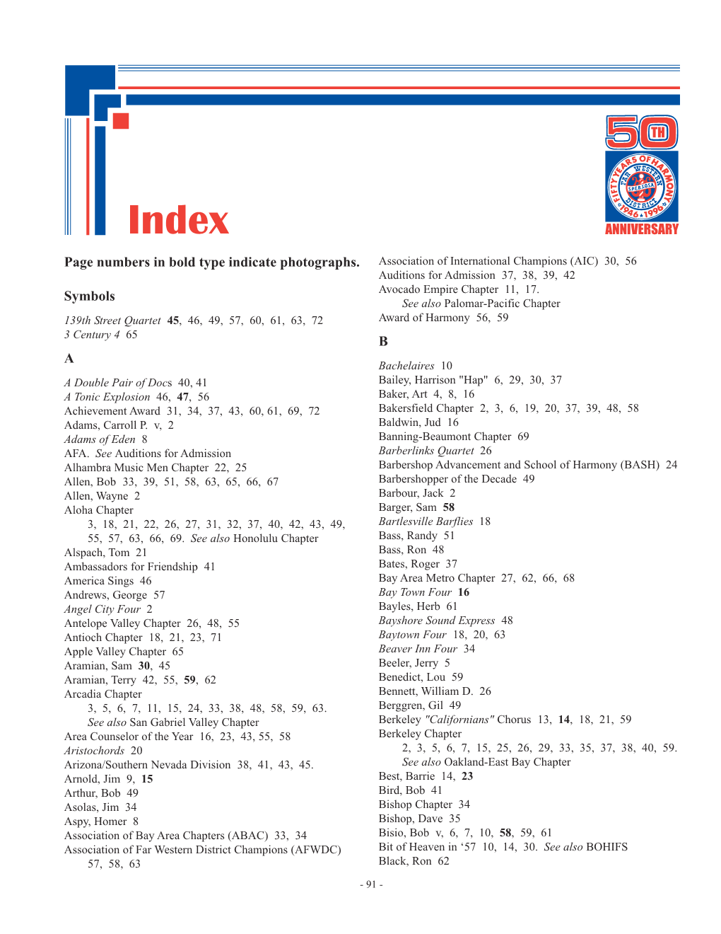 Page Numbers in Bold Type Indicate Photographs. Symbols