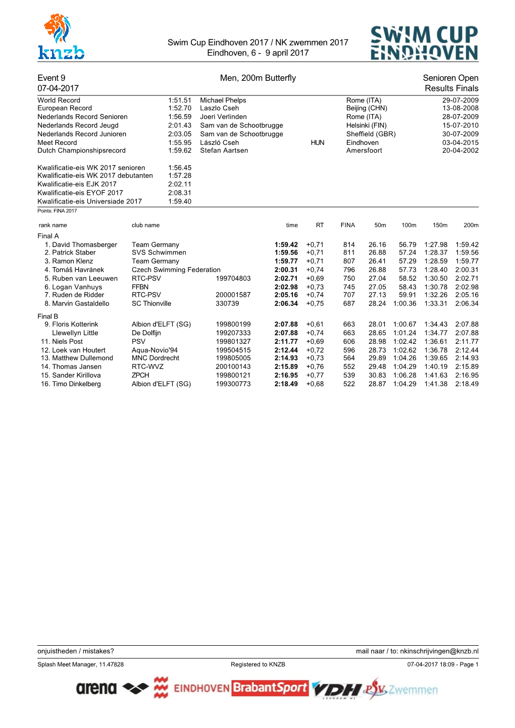 Swim Cup Eindhoven 2017 / NK Zwemmen 2017 Eindhoven, 6 - 9 April 2017