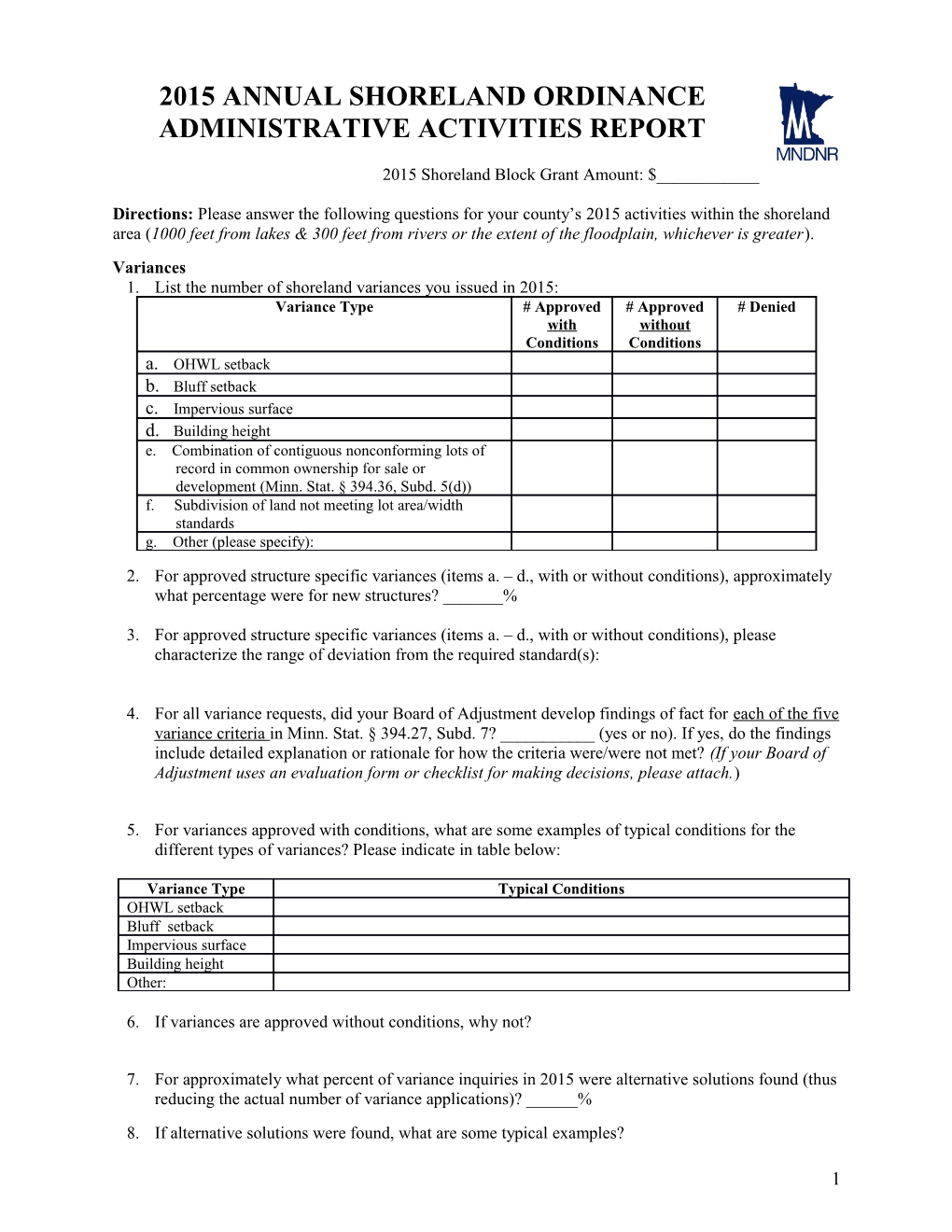 2015 Annual Shoreland Ordinane Administrative Activities Report