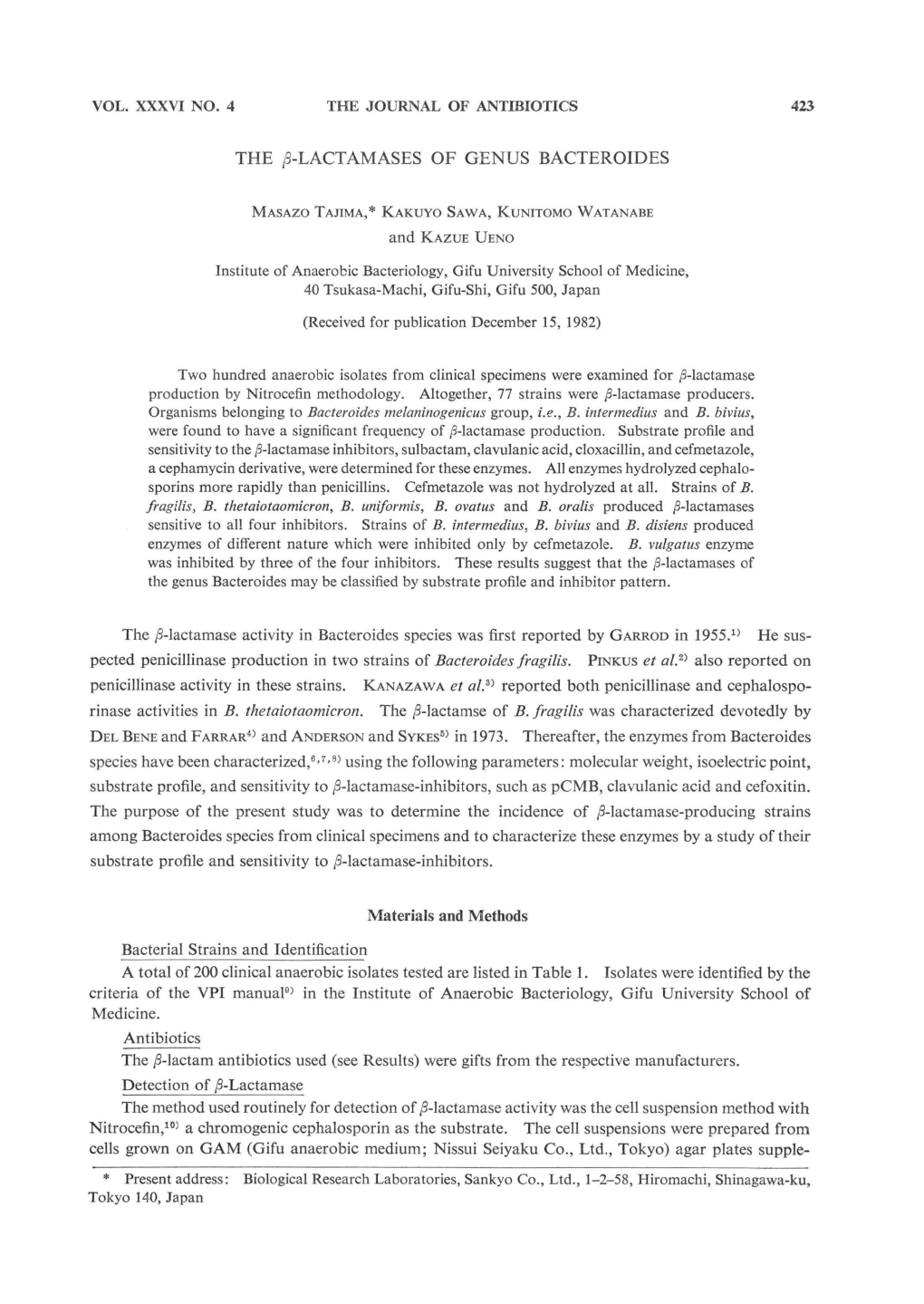 The (3-Lactamases of Genus Bacteroides Masazo