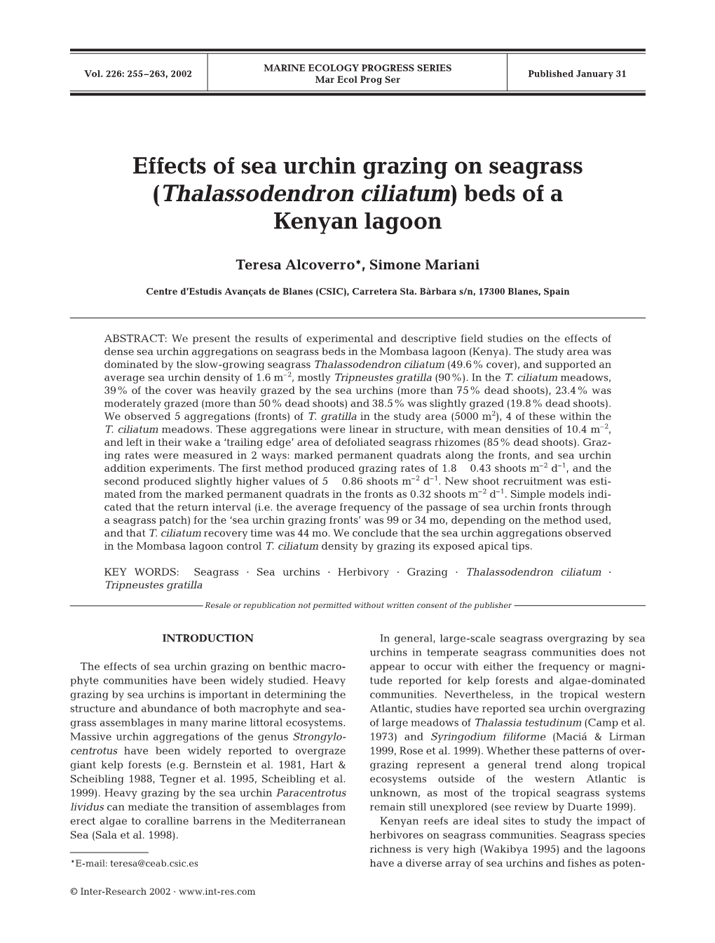 Effects of Sea Urchin Grazing on Seagrass (Thalassodendron Ciliatum) Beds of a Kenyan Lagoon