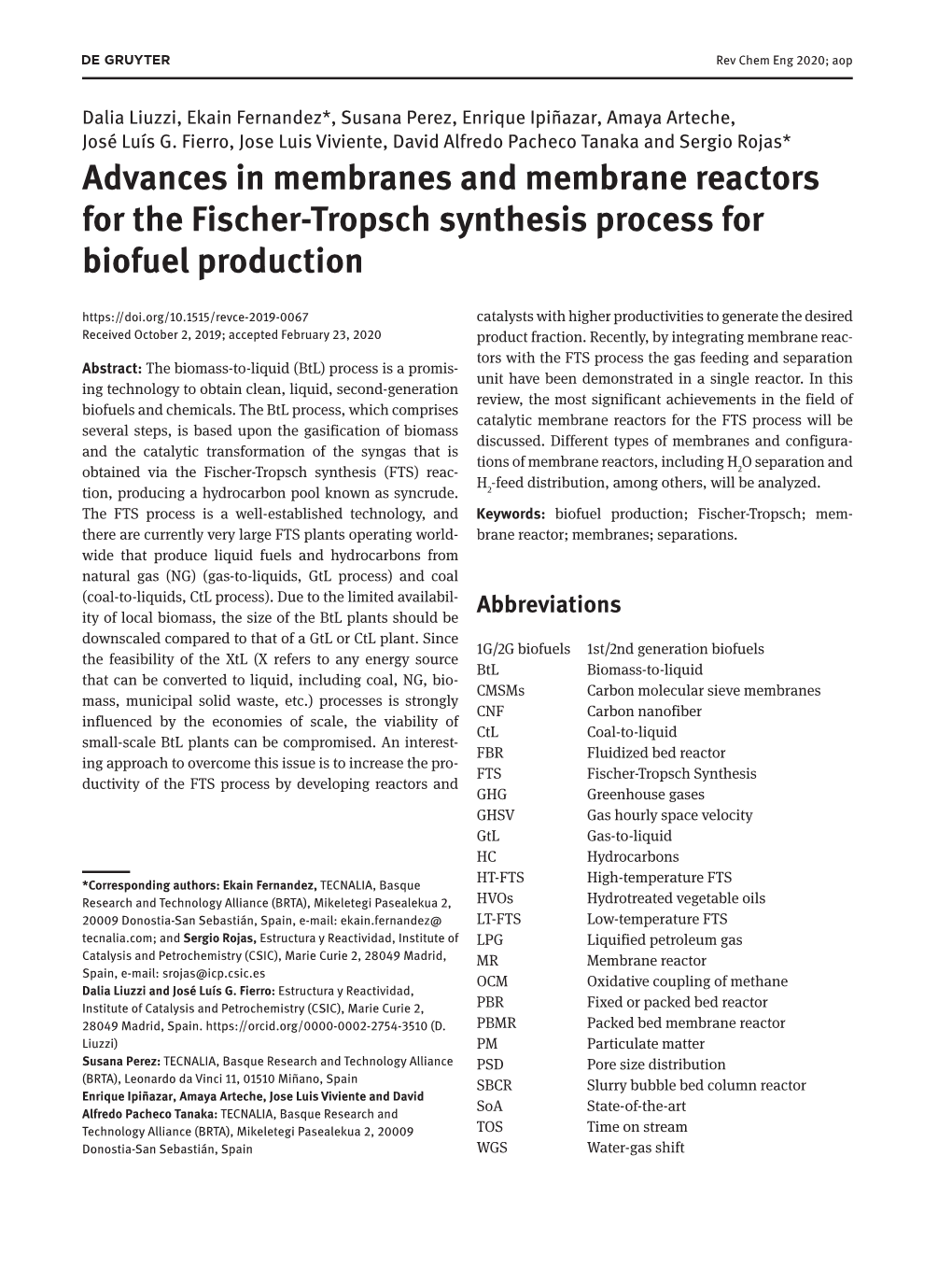 Advances in Membranes and Membrane Reactors for the Fischer