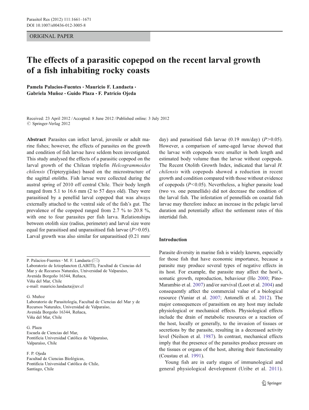 The Effects of a Parasitic Copepod on the Recent Larval Growth of a Fish Inhabiting Rocky Coasts