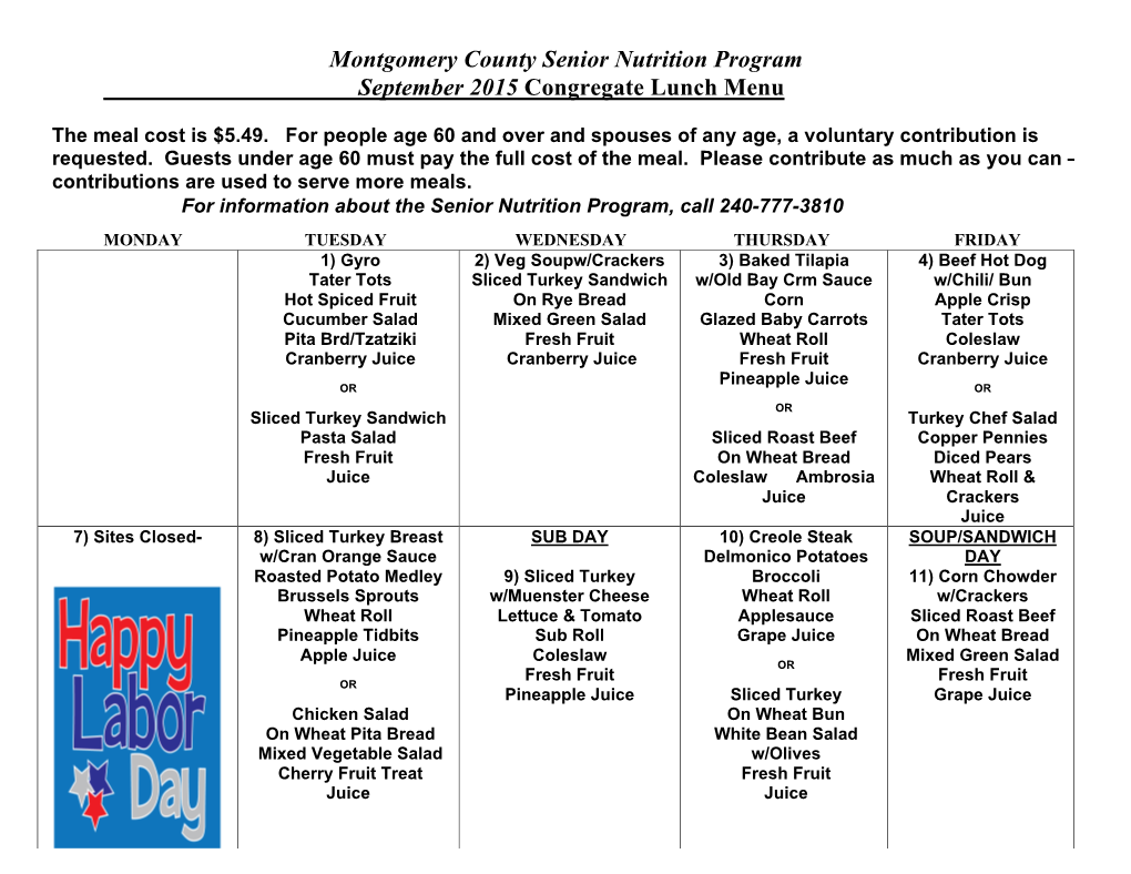 Montgomery County Senior Nutrition Program September 2015 Congregate Lunch Menu