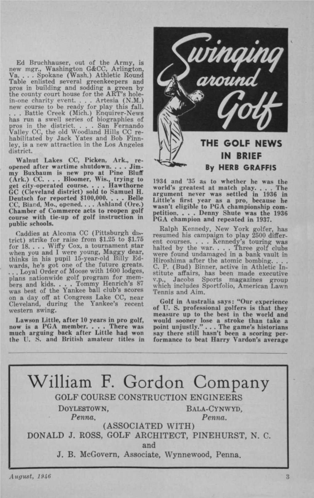William F. Gordon Company GOLF COURSE CONSTRUCTION ENGINEERS DOYLESTOWN, BALA-CYNWYD, Penna