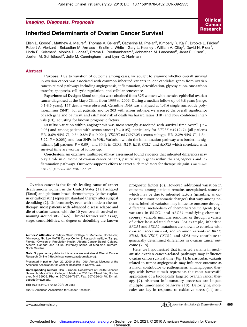 Inherited Determinants of Ovarian Cancer Survival