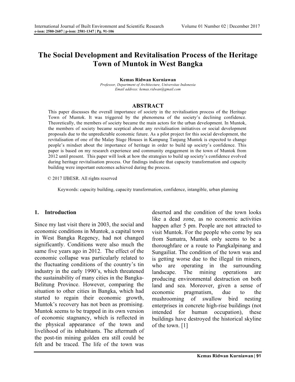 The Social Development and Revitalisation Process of the Heritage Town of Muntok in West Bangka