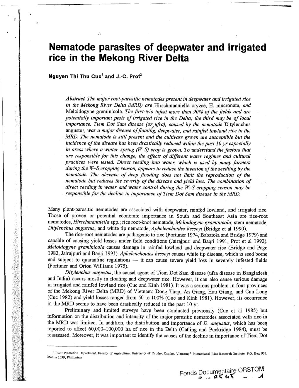 Nematode Parasites of Deepwater and Irrigated Rice in the Mekong River Delta