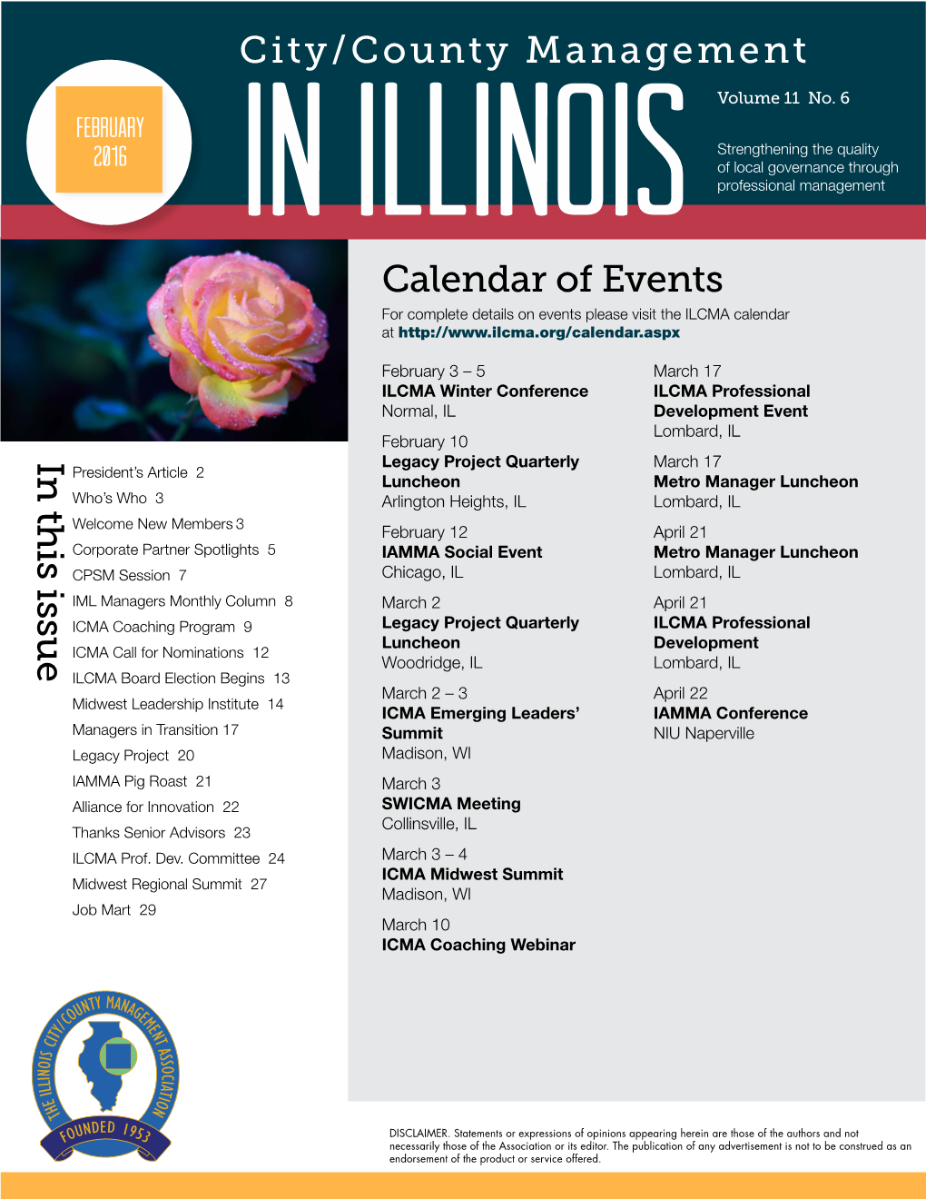 Calendar of Events City/County Management in This Issu E