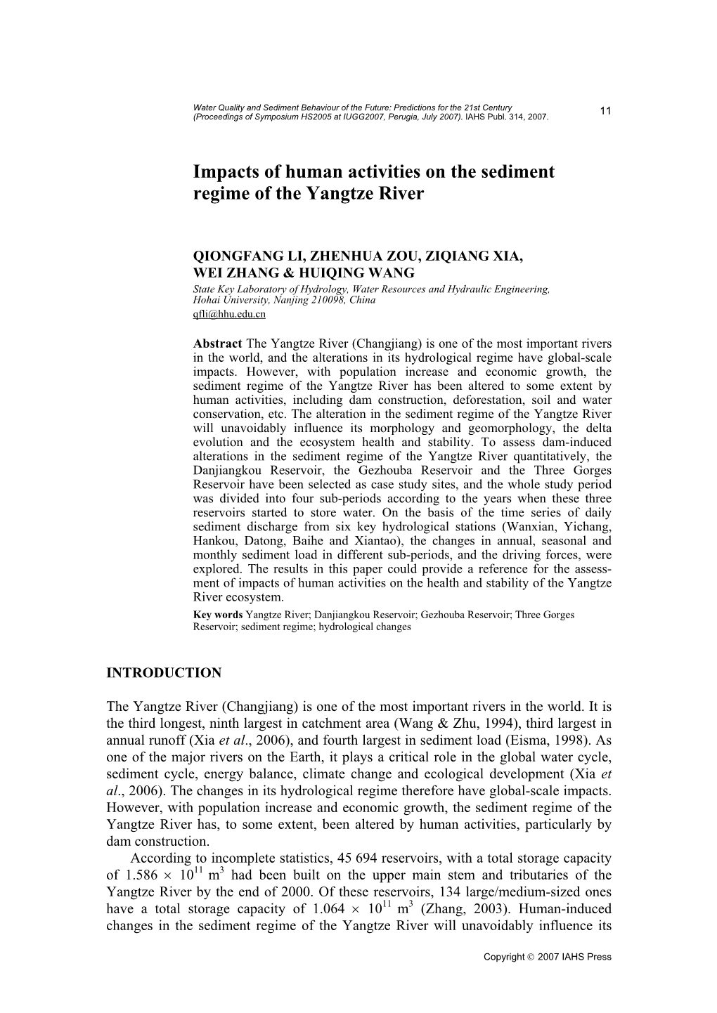 Impacts of Human Activities on the Sediment Regime of the Yangtze River