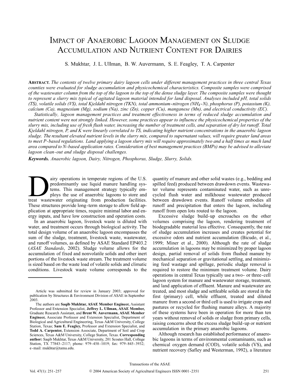 Impact of Anaerobic Lagoon Management on Sludge Accumulation and Nutrient Content for Dairies