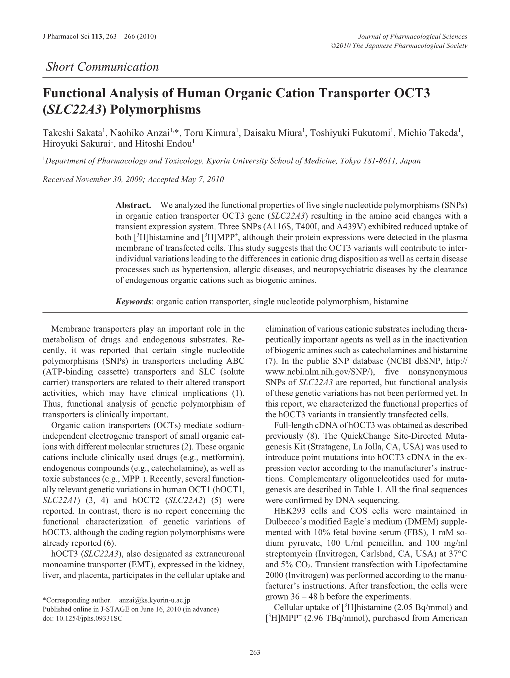 Functional Analysis of Human Organic Cation Transporter OCT3 (SLC22A3 ) Polymorphisms