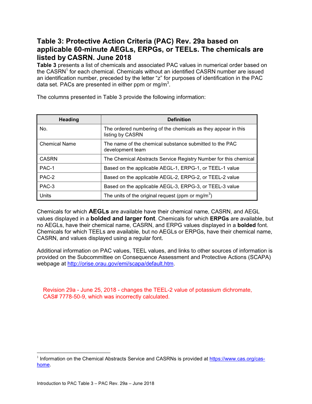 Table 3: Protective Action Criteria (PAC) Rev. 29 Based on Applicable