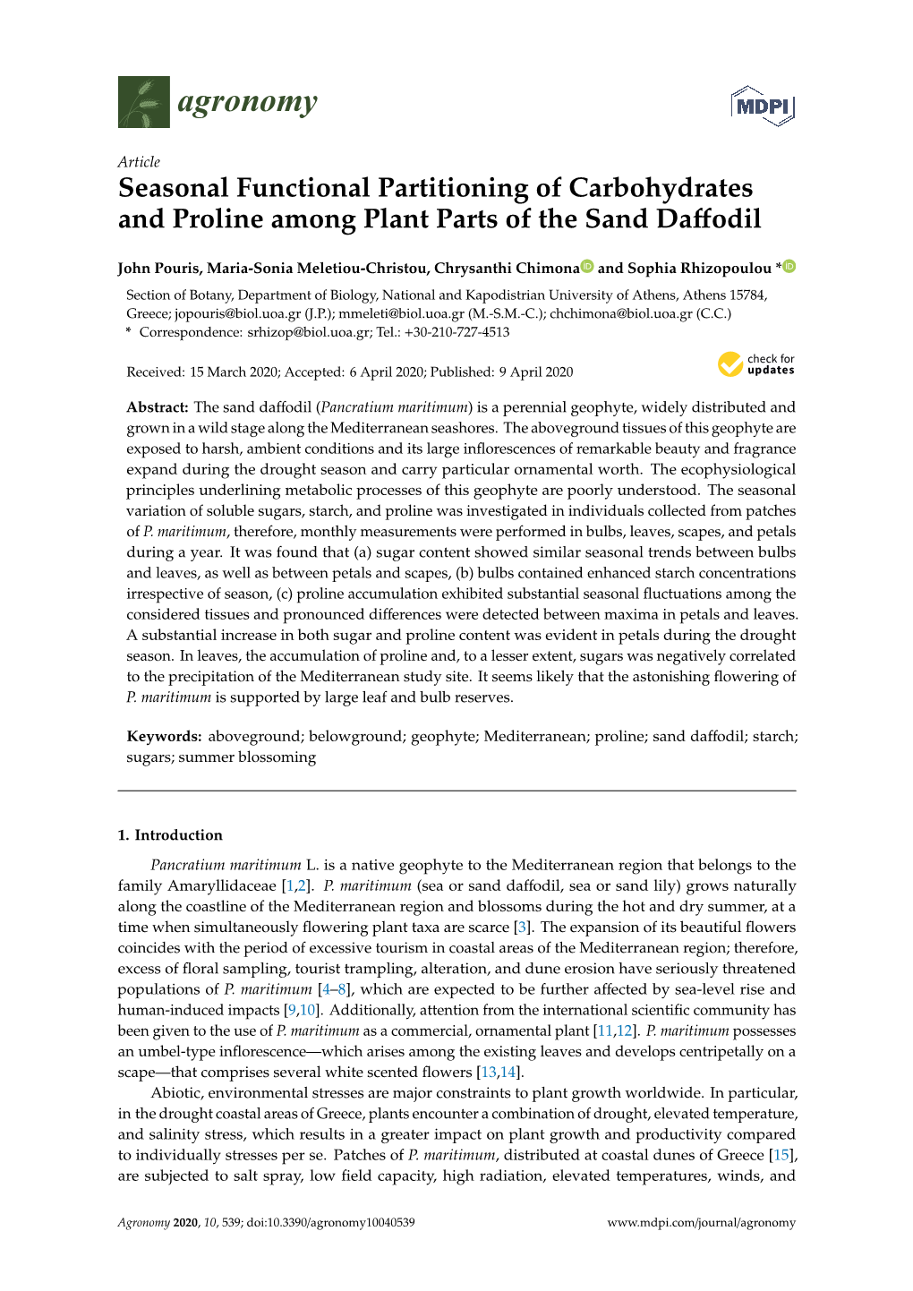 Seasonal Functional Partitioning of Carbohydrates and Proline Among Plant Parts of the Sand Daﬀodil