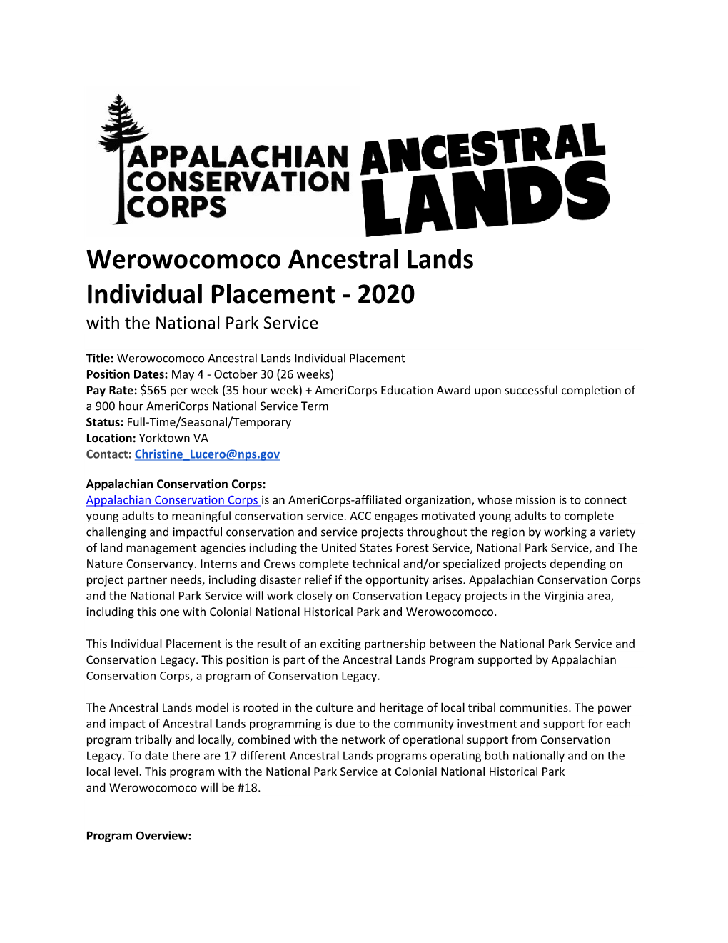 Werowocomoco Ancestral Lands Individual Placement