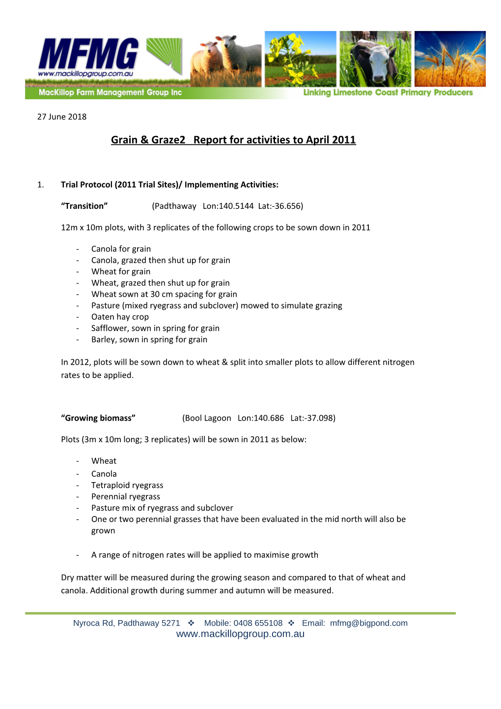 Grain & Graze2 Report for Activities to April 2011