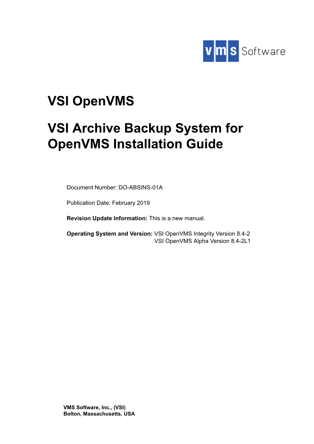 VSI Archive Backup System for Openvms Installation Guide