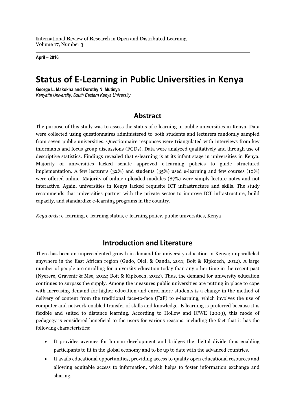 Status of E-Learning in Public Universities in Kenya George L