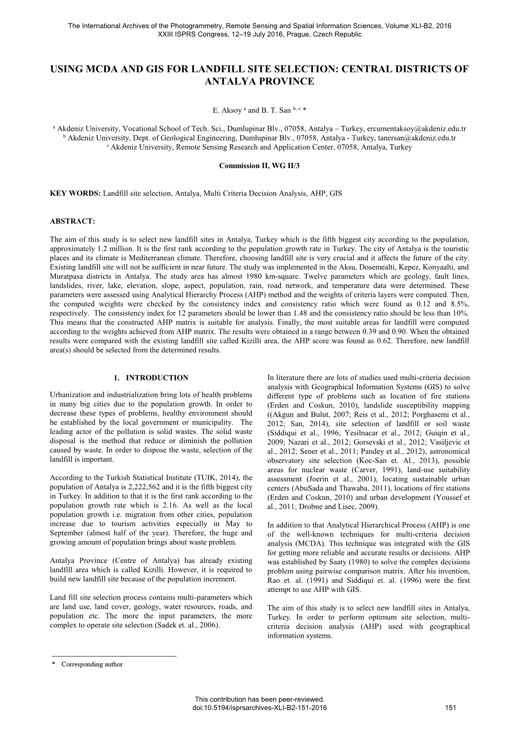 Using Mcda and Gis for Landfill Site Selection: Central Districts of Antalya Province