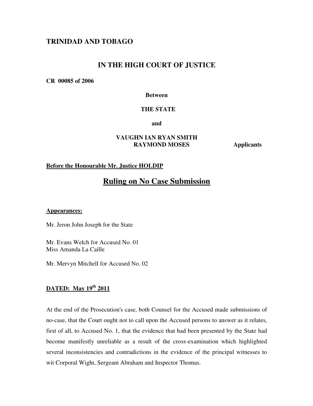 Ruling on No Case Submission