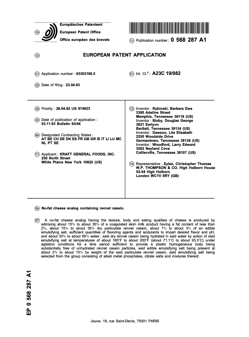 No-Fat Cheese Analog Containing Rennet Casein