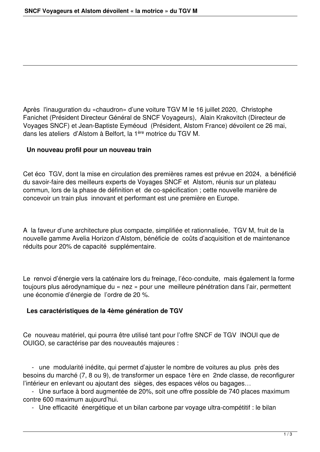 SNCF Voyageurs Et Alstom Dévoilent « La Motrice » Du TGV M