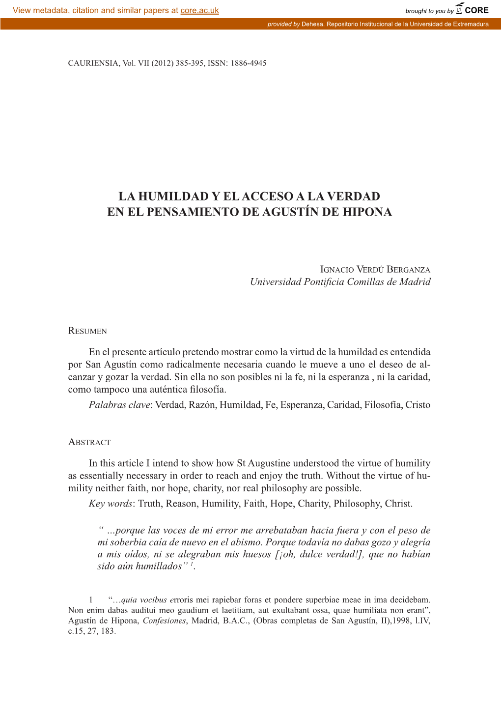 La Humildad Y El Acceso a La Verdad En El Pensmiento De Agustín De