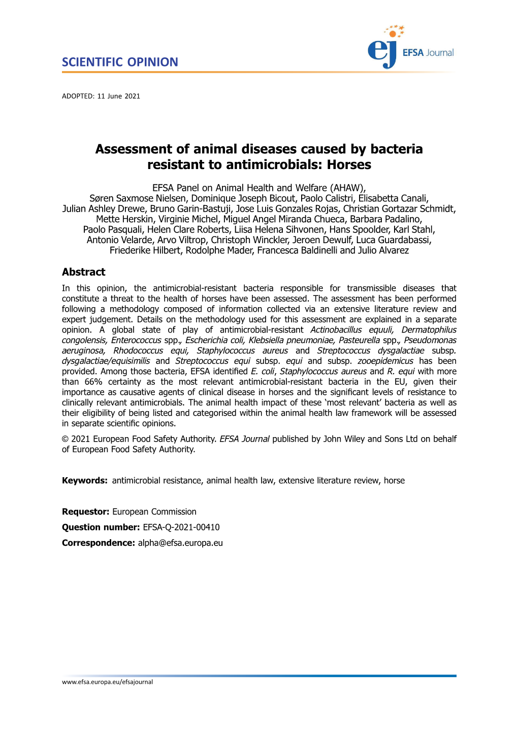 Assessment of Animal Diseases Caused by Bacteria Resistant to Antimicrobials: Horses