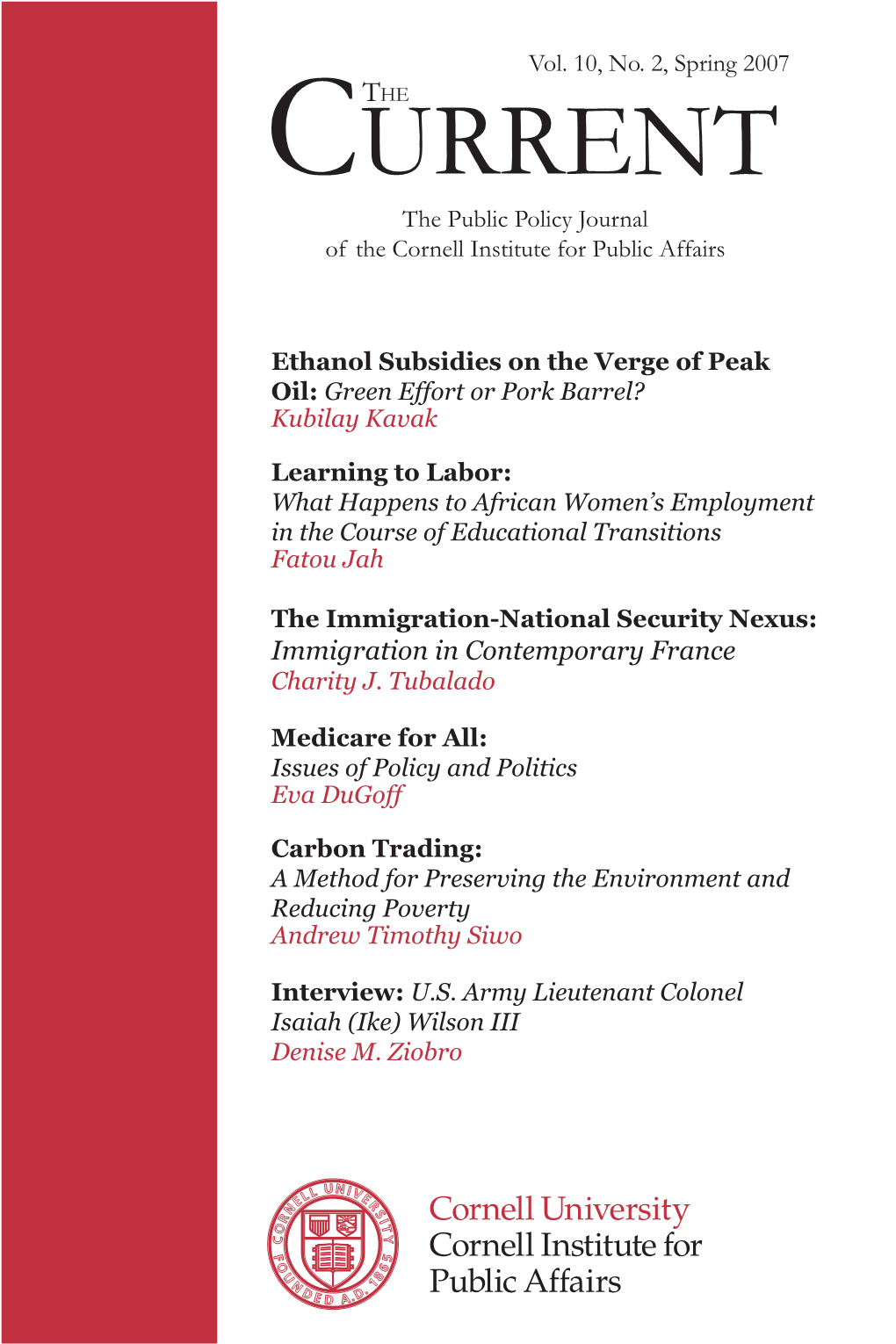 Current the Public Policy Journal of the Cornell Institute for Public Affairs