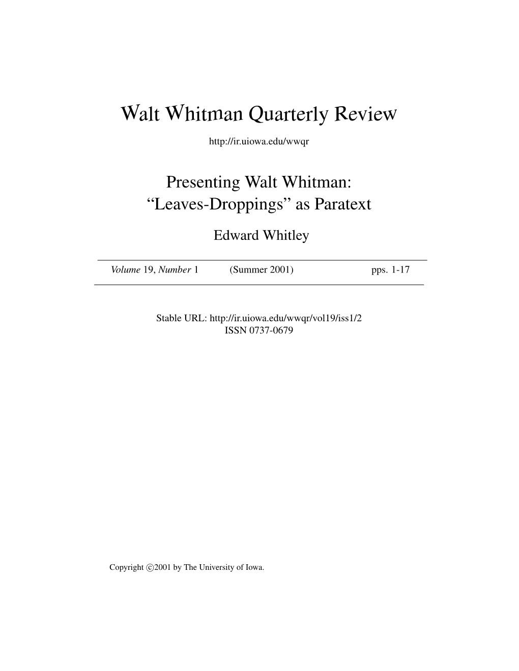 Walt Whitman Quarterly Review