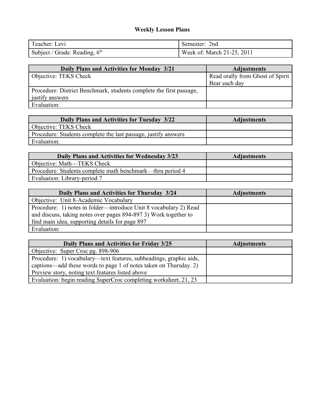 Weekly Lesson Plans s3