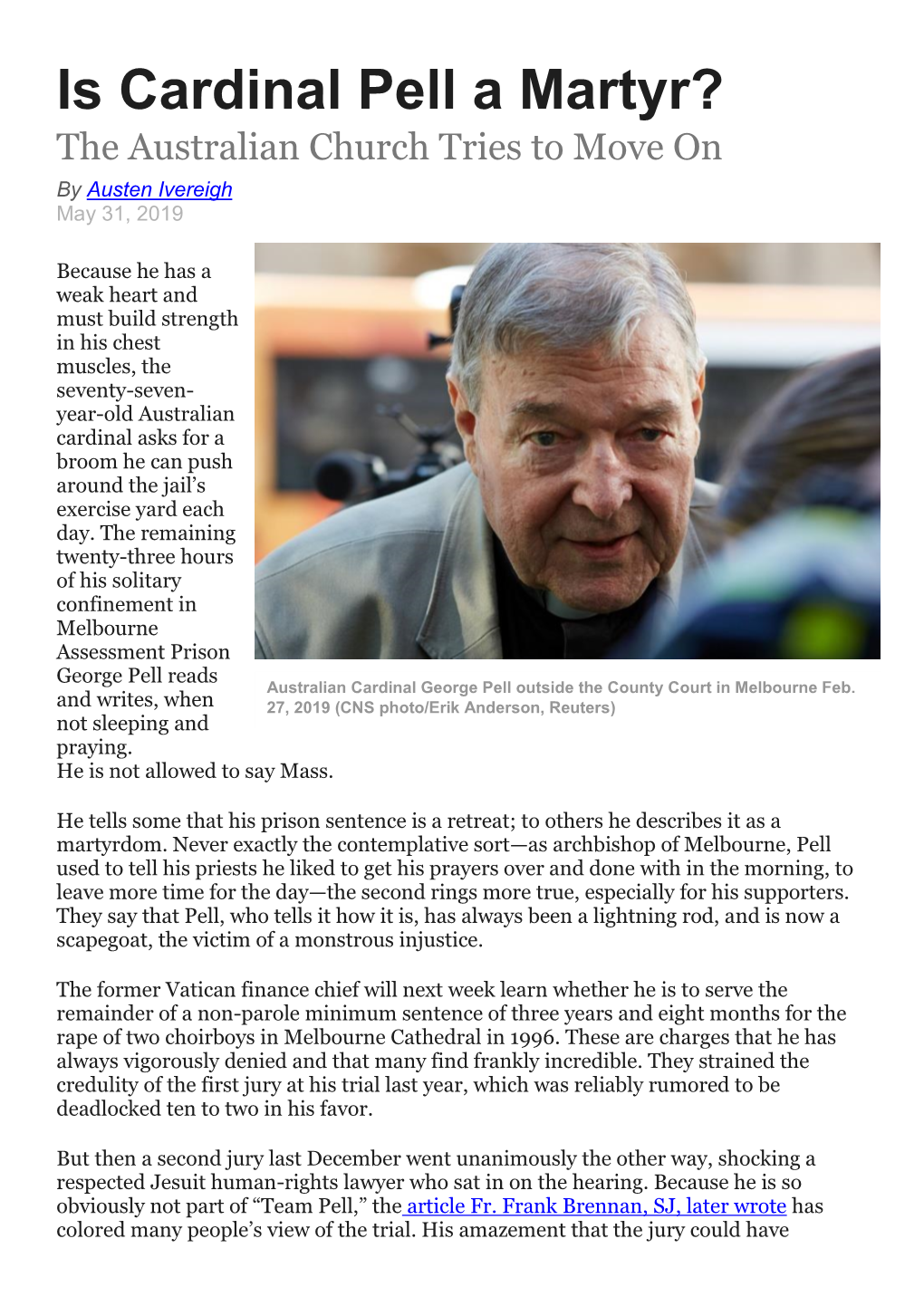 Is Cardinal Pell a Martyr? the Australian Church Tries to Move on by Austen Ivereigh May 31, 2019