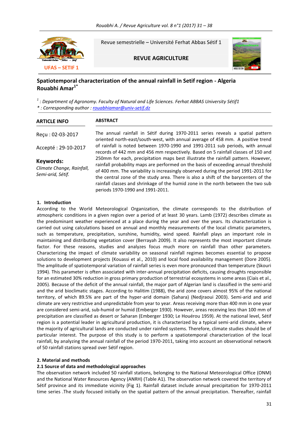 Spatiotemporal Characterization of the Annual Rainfall in Setif Region - Algeria Setif.Dz/ Rouabhi Amar1*