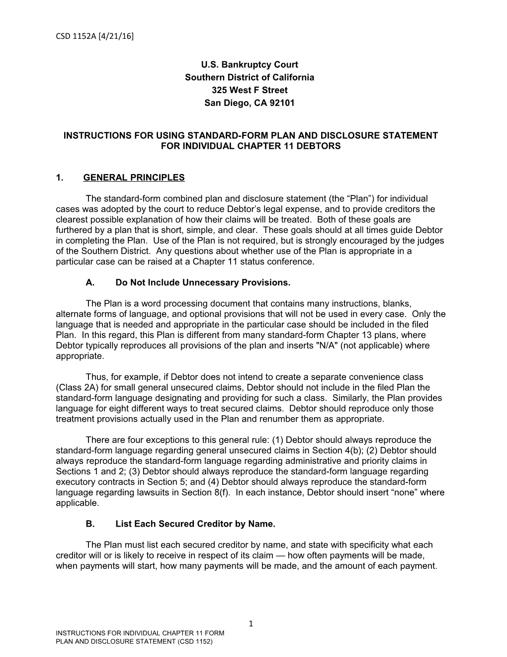 Instructions for Using Standard-Form Plan and Disclosure Statement for Individual Chapter