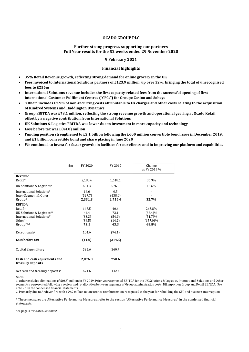 OCADO GROUP PLC Further Strong Progress Supporting Our Partners Full Year Results for the 52 Weeks Ended 29 November 2020 9 Febr