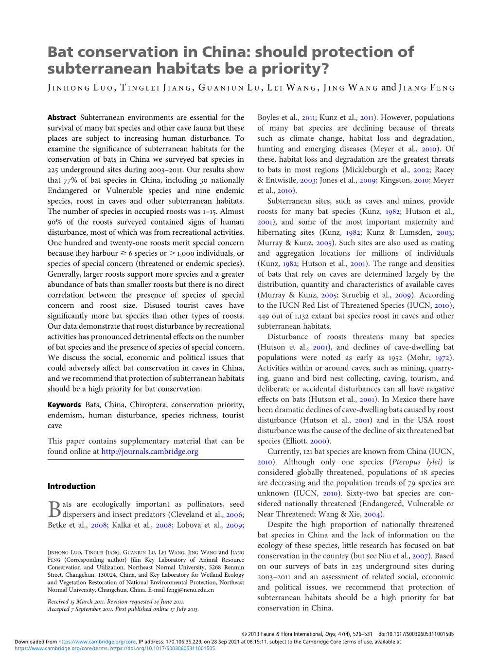 Bat Conservation in China: Should Protection of Subterranean Habitats Be a Priority?