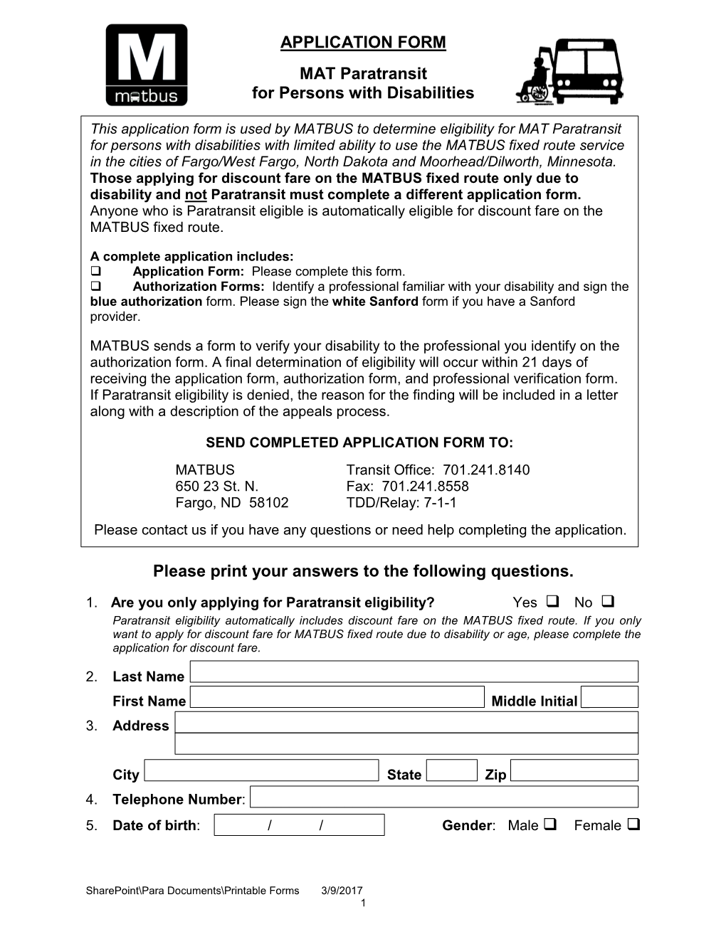 APPLICATION FORM MAT Paratransit for Persons With