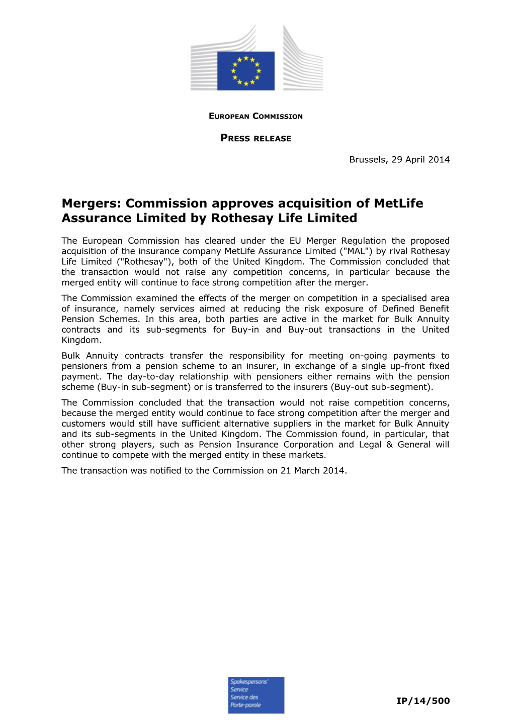 Mergers: Commission Approves Acquisition of Metlife Assurance Limited by Rothesay Life Limited